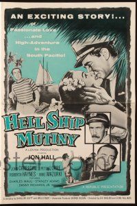 8k518 HELL SHIP MUTINY pressbook '57 Jon Hall kisses tropical beauty, John Carradine, Peter Lorre