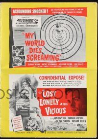8k636 MY WORLD DIES SCREAMING/LOST, LONELY & VICIOUS pressbook '58 shocker & expose double-bill!