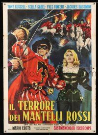 8m725 KNIGHTS OF TERROR Italian 2p '63 great Casaro art of masked hero protecting sexy blonde!