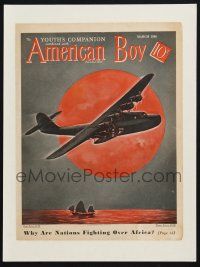 8m033 AMERICAN BOY magazine cover March 1936 William Heaslip art of plane flying over ocean!