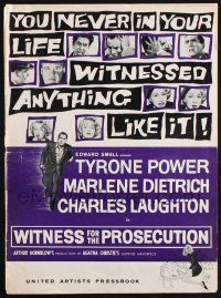 8m116 WITNESS FOR THE PROSECUTION pressbook '58 Wilder, Tyrone Power, Marlene Dietrich, Laughton