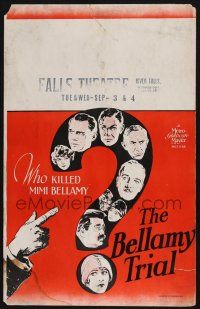 8m164 BELLAMY TRIAL WC '29 cool art of finger accusing all the leads in question mark of murder!