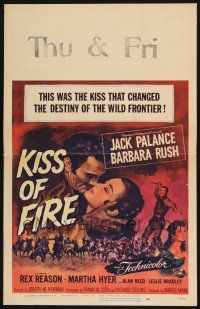 8m297 KISS OF FIRE WC '55 romantic art of Jack Palance as El Tigre & sexy Barbara Rush!