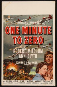 8m359 ONE MINUTE TO ZERO WC '52 art of Robert Mitchum, Ann Blyth & fighter jets, Howard Hughes