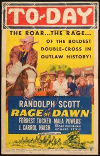 8m371 RAGE AT DAWN WC '55 cool artwork of outlaw hunter Randolph Scott on horseback!