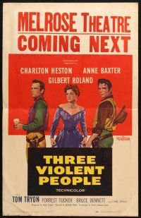 8m448 THREE VIOLENT PEOPLE WC '56 sexy Anne Baxter between Charlton Heston & Gilbert Roland!