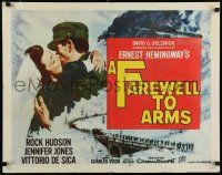 8s157 FAREWELL TO ARMS 1/2sh '58 art of Rock Hudson kissing Jennifer Jones, Ernest Hemingway