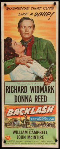 8s463 BACKLASH insert '56 Richard Widmark holds Donna Reed, suspense that cuts like a whip!