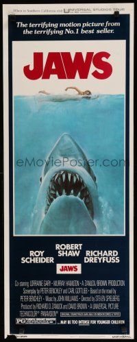 8s607 JAWS insert '75 art of Steven Spielberg's classic man-eating shark attacking sexy swimmer!