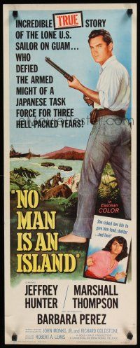 8s707 NO MAN IS AN ISLAND insert '62 U.S. Navy sailor Jeffrey Hunter fought in Guam by himself!