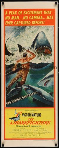 8s771 SHARKFIGHTERS insert '56 Victor Mature, cool artwork of man fighting sharks w/knife!