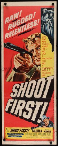 8s776 SHOOT FIRST insert '53 art of raw, rugged & relentless Joel McCrea pointing shotgun!
