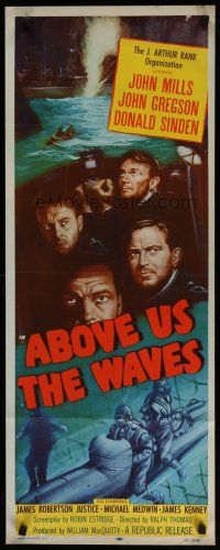 8s440 ABOVE US THE WAVES insert '56 art of John Mills & English WWII sailors at periscope in sub!