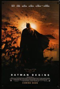 8t077 BATMAN BEGINS coming soon advance DS 1sh '05 Christian Bale as Caped Crusader w/bats!