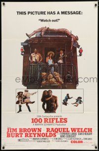 8x006 100 RIFLES style A 1sh '69 Jim Brown, sexy Raquel Welch & Burt Reynolds on back of train!