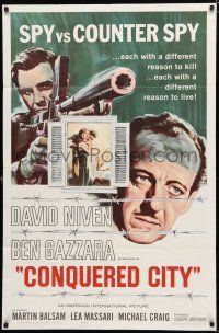 8x194 CONQUERED CITY 1sh '65 art of David Niven & Ben Gazzara, spy vs. counter spy!