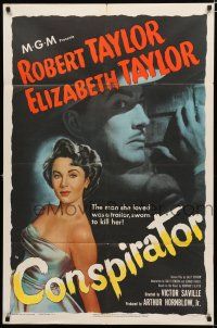8x195 CONSPIRATOR 1sh '49 art of English spy Robert Taylor & sexy young Elizabeth Taylor!