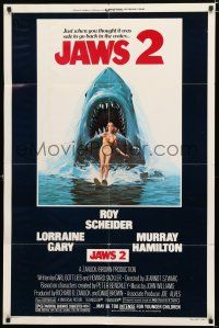 8x444 JAWS 2 1sh '78 art of giant shark attacking girl on water skis by Lou Feck!
