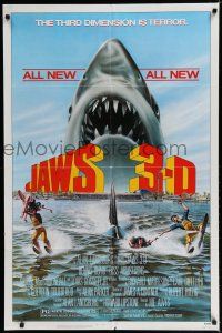 8x446 JAWS 3-D 1sh '83 great Gary Meyer shark artwork, the third dimension is terror!