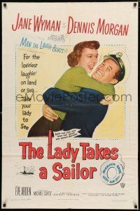 8x483 LADY TAKES A SAILOR 1sh '49 great close up of Jane Wyman hugging boat captain Dennis Morgan!