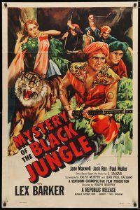8x581 MYSTERY OF THE BLACK JUNGLE 1sh '55 art of Lex Barker w/rifle by tiger hunting in India!