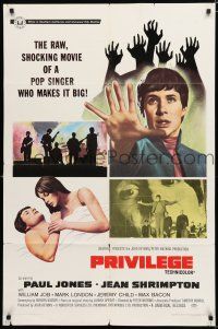 8x674 PRIVILEGE 1sh '67 Jean Shrimpton, a shocking movie of a pop singer who makes it big!