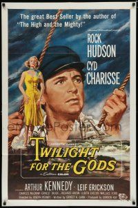8x913 TWILIGHT FOR THE GODS 1sh '58 great artwork of Rock Hudson & sexy Cyd Charisse on beach!