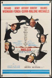 8x942 WARLOCK 1sh '59 cowboys Henry Fonda & Richard Widmark, cool revolver design!