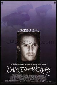 9b184 DANCES WITH WOLVES DS 1sh '90 close portrait of Kevin Costner & running buffalo!