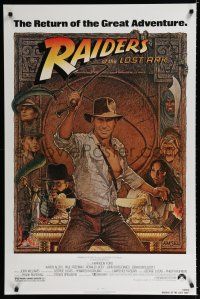 9b598 RAIDERS OF THE LOST ARK 1sh R82 great art of adventurer Harrison Ford by Richard Amsel!