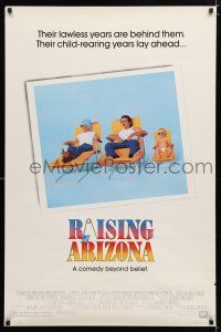 9b599 RAISING ARIZONA 1sh '87 Coen Brothers, art of Nicolas Cage, Holly Hunter & baby!