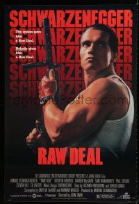 9b604 RAW DEAL 1sh '86 great image of tough guy Arnold Schwarzenegger with gun!