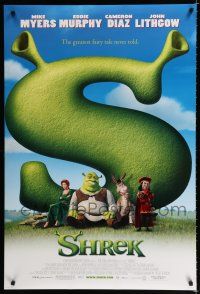 9b660 SHREK DS 1sh '01 great image of top cast sitting in front of giant S!