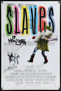 9b675 SLAVES OF NEW YORK int'l 1sh '89 wacky image of Bernadette Peters being walked by dog!