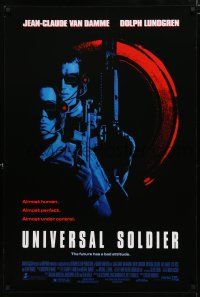 9b805 UNIVERSAL SOLDIER 1sh '92 cool close up of Jean-Claude Van Damme & Dolph Lundgren!