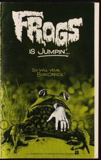 9c178 FROGS pressbook '72 horror art of man-eating amphibian with human hand hanging from mouth!