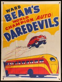 9d044 WORLD CHAMPION AUTO DAREDEVILS 2sh '50s Ward Beam, cool art of car jumping a bus!