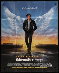 9d048 ALMOST AN ANGEL DS bus stop '90 full-length close up of Paul Hogan in leather jacket!