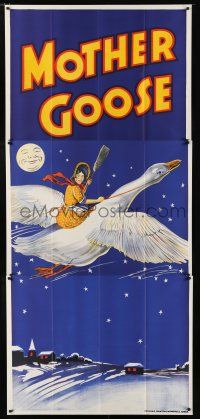 9d011 MOTHER GOOSE stage play English 3sh '30s stone litho art of mom holding broom & riding goose!