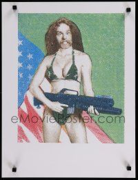 9e224 AMERICAN MAN 18x23 art print '90s art of Ted Nugent in bikini w/rifle & grenade launcher!