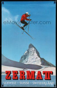 9e734 ZERMATT Swiss travel poster 1970s great image of skier & the Matterhorn!