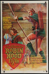 9e600 ADVENTURES OF ROBIN HOOD Spanish commercial poster '90s art of Errol Flynn & De Havilland!