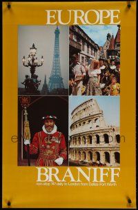 9e064 BRANIFF EUROPE travel poster '80s non-stop from DFW to London, image of European icons!