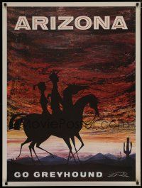 9e052 GREYHOUND ARIZONA travel poster '60s artwork of couple on horseback in desert!