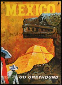 9e054 GREYHOUND MEXICO travel poster '60s art of Aztec pyramid & sculpture!
