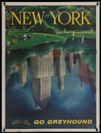 9e055 GREYHOUND NEW YORK travel poster '50s Ruth artwork of buildings reflected in park pond!