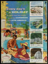 9e057 HILTON HOTELS INTERNATIONAL travel poster '50s Caribbean resorts, Havana Cuba Hilton!