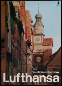 9e067 LUFTHANSA VACATIONLAND GERMANY German travel poster '80s image of clock tower!