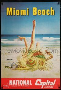 9e034 NATIONAL CAPITAL AIRLINES MIAMI BEACH travel poster '60s image of woman on Florida beach!