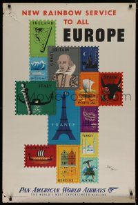 9e035 PAN AMERICAN WORLD AIRWAYS EUROPE travel poster '52 Carlu artwork of stamps!